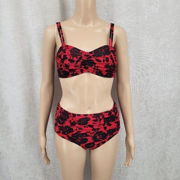 Jantzen Vintage 90s Red and Black Floral Bikini Set Swimsuit Ruched - Picture 1 of 16